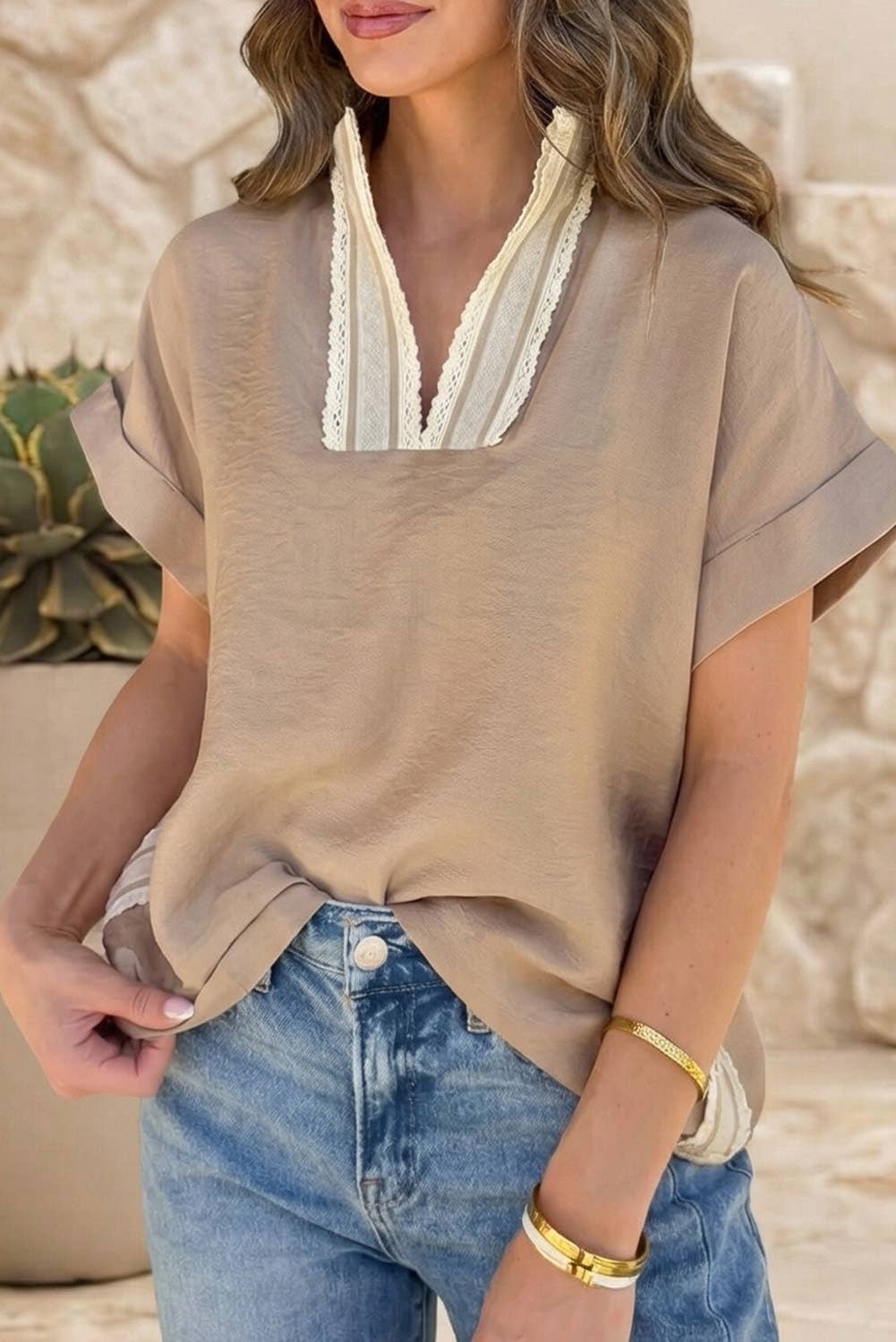 Crochet Lace Accent Pullover Rolled Short Sleeve Blouse