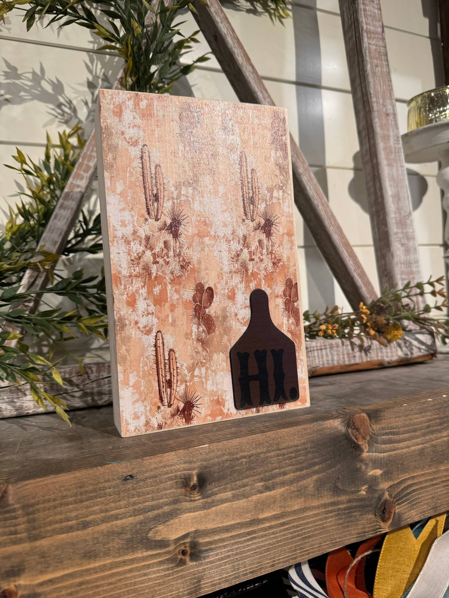 Decorative Wooden Block 9" x 5.5" Cactus Design Hi.