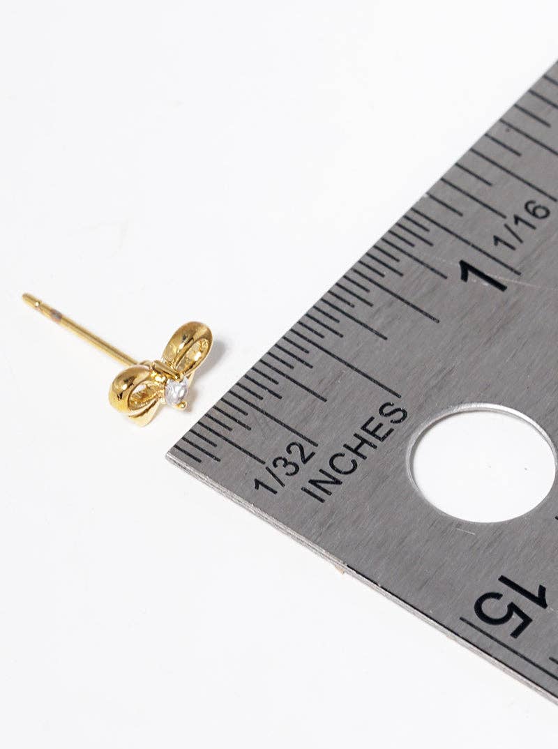 18K Gold Dipped Cz Stone Ribbon Bow Post Stud Earrings