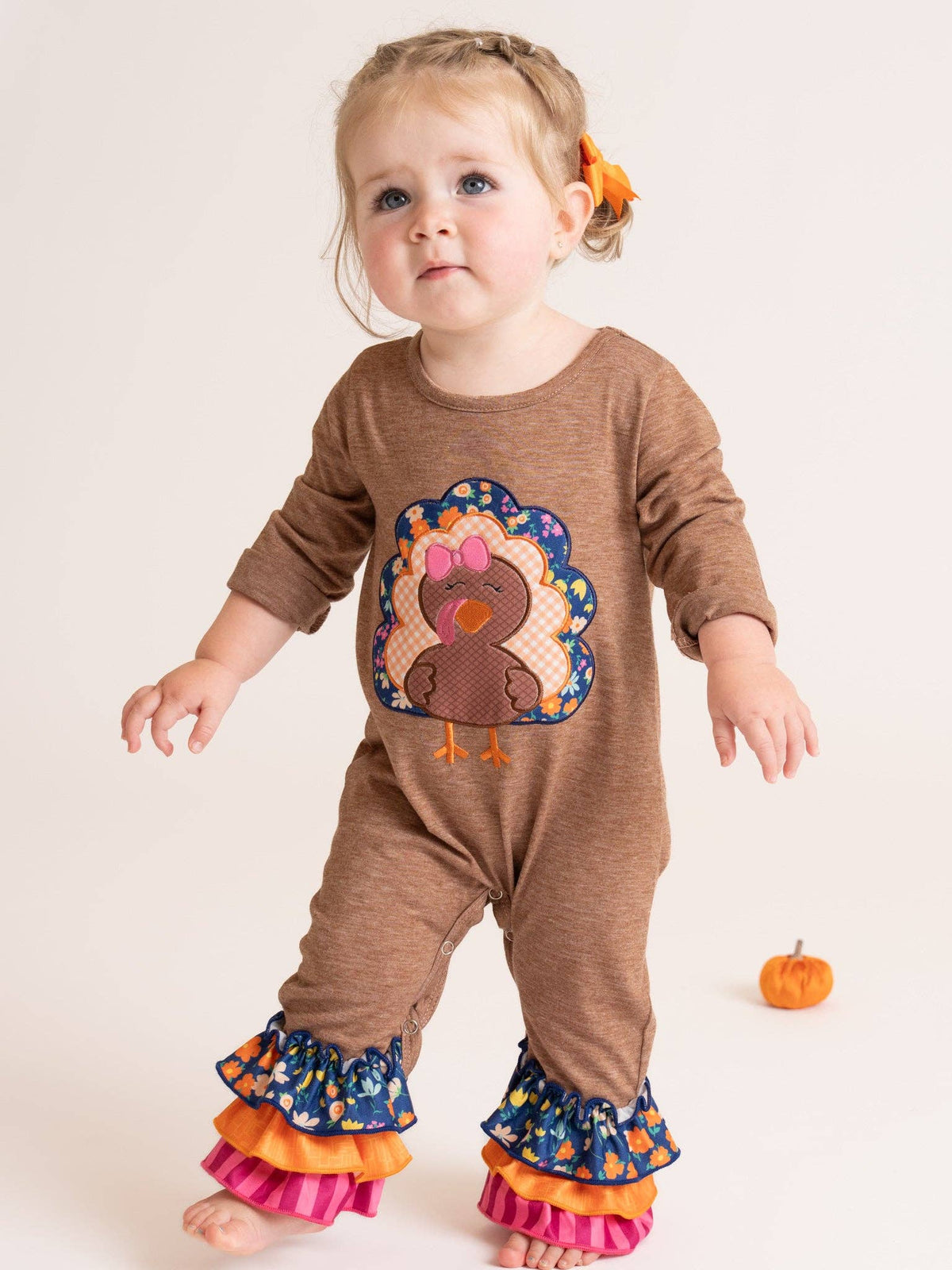Tan & Pink Stripe Turkey Time Ruffle Romper