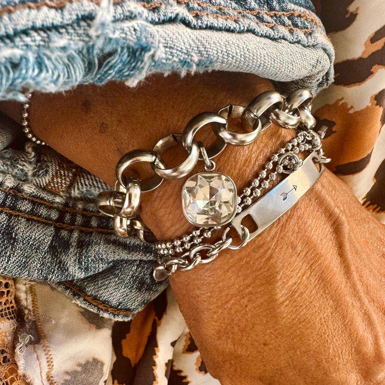 NEW Rolo Stainless Steel Chain w/ Sparkle Charm Bracelet