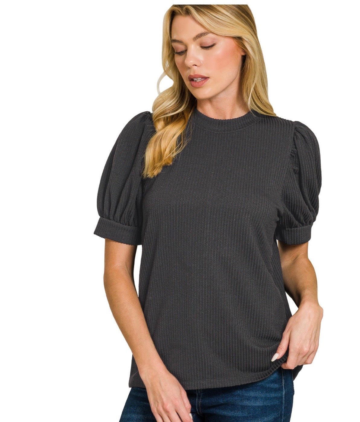 Ribbed Puff Sleeve Top