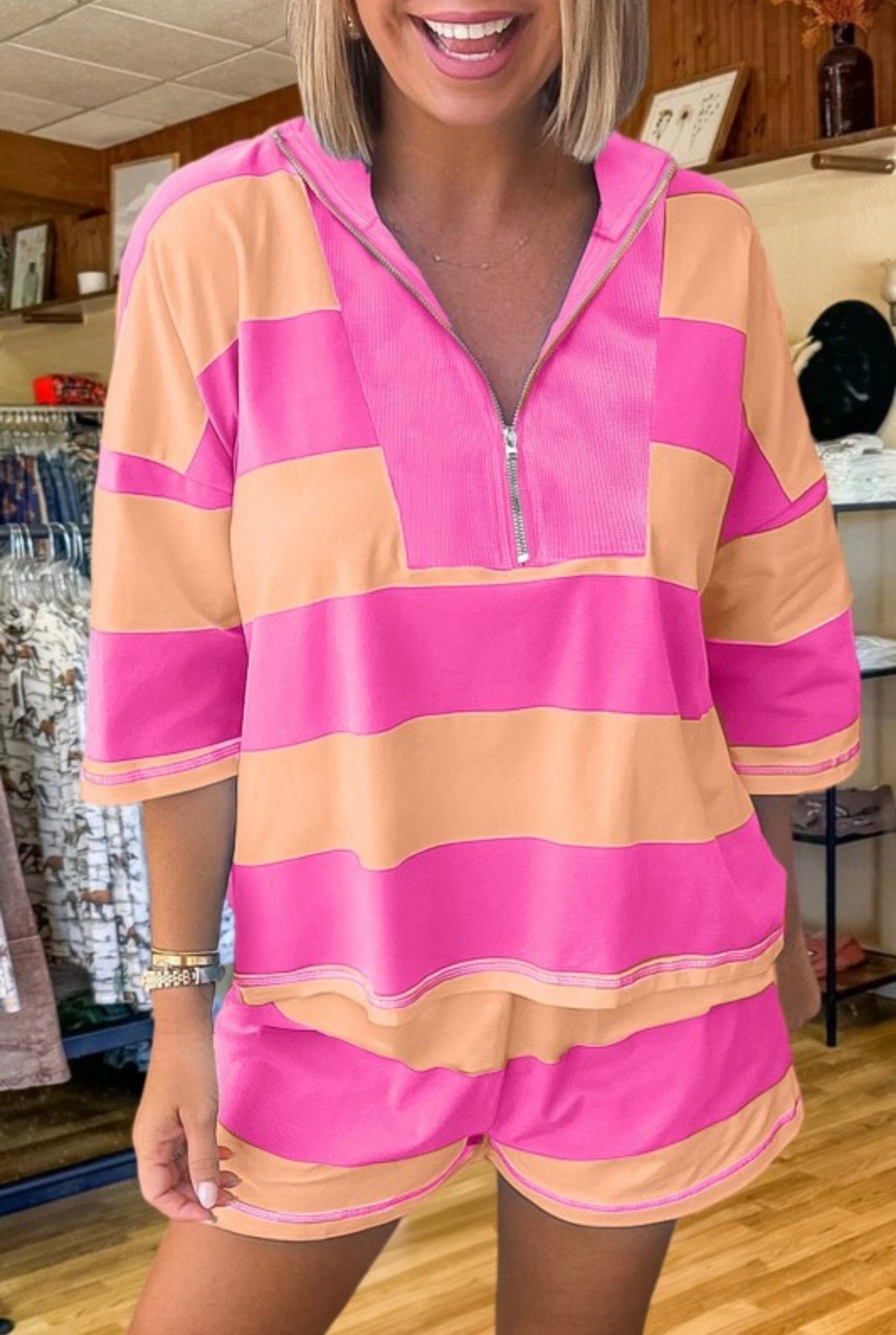 Summer Fun Pink Sorbet- Half Zip Oversized Tee & Loose Fit 2PC Short Set