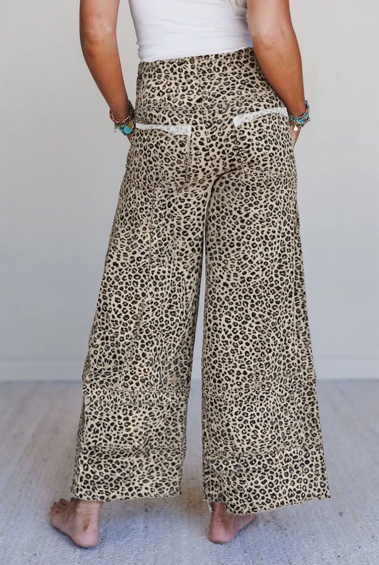 Khaki Leopard Print Wide Leg Terry Knit Pants
