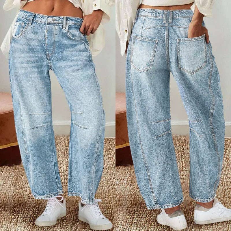 Vintage Wide Leg Banana Pants Mid-Rise Straight-Leg Denim Trousers for Women