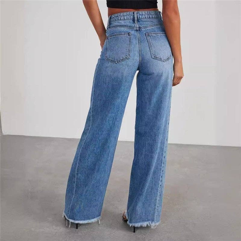 Relaxed Wide Leg Side Seam Frayed Hem Jeans