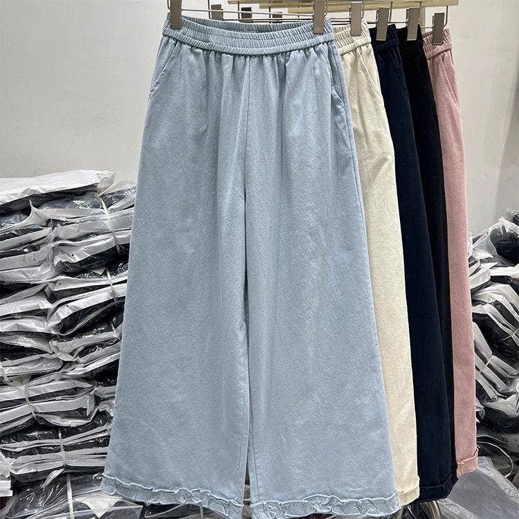 Cotton High-Waist Wide-Leg Pants With Elastic Waistband