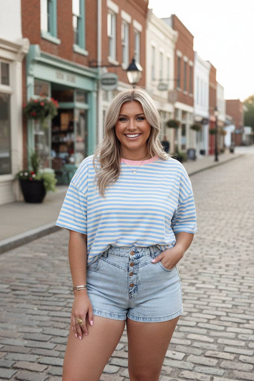 LALA LOO Plus Size Stripe Contrast Crew Neck Tee