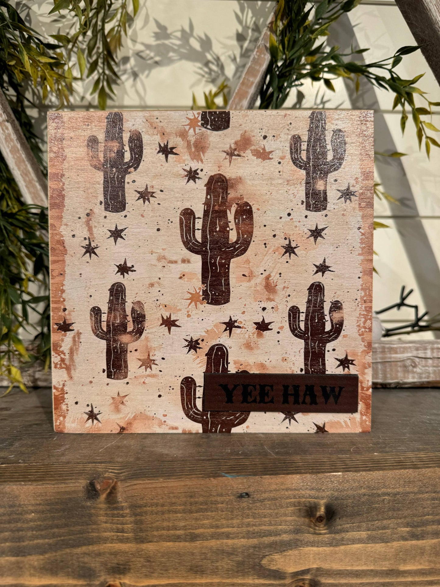 Decorative Wooden Block  7.5" x 7.5" - Cactus Yee Haw