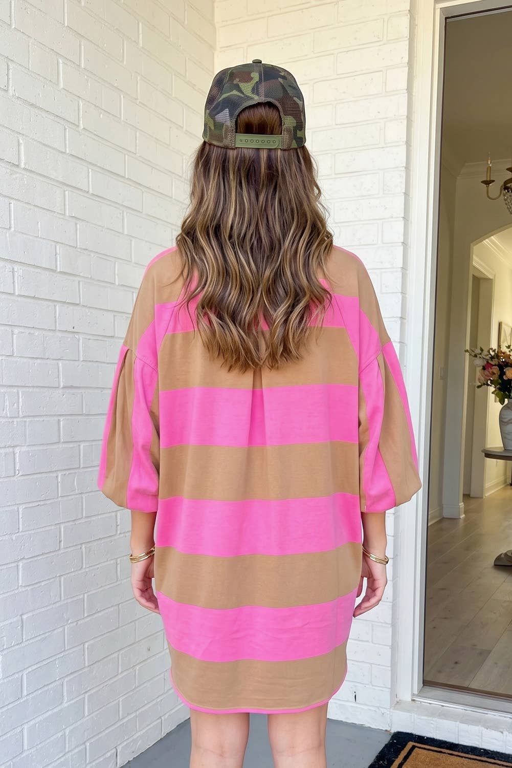Striped Colorblock Half Button Shift Mini Dress