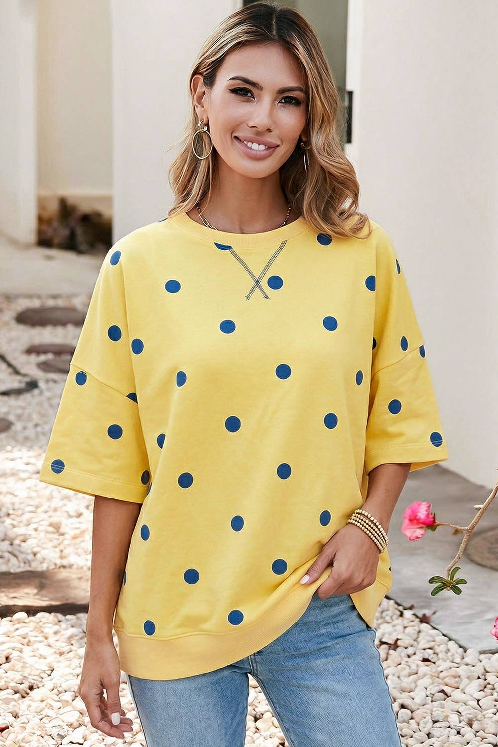 Polka Dot Shift Round Neck Top
