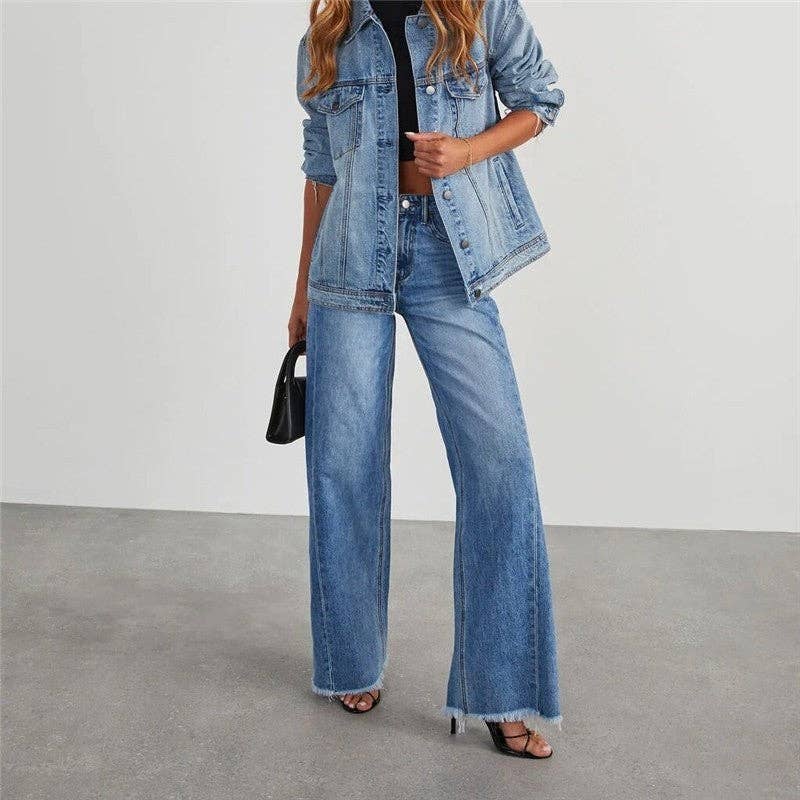 Relaxed Wide Leg Side Seam Frayed Hem Jeans
