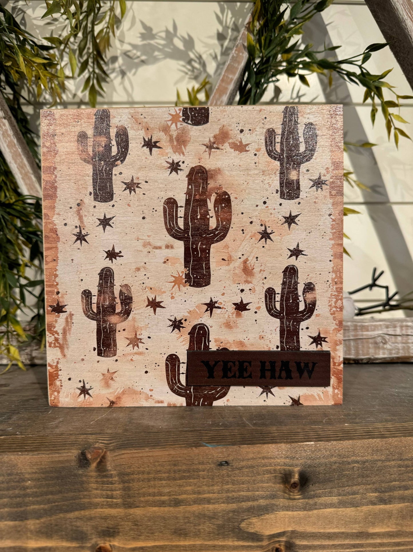 Decorative Wooden Block  7.5" x 7.5" - Cactus Yee Haw