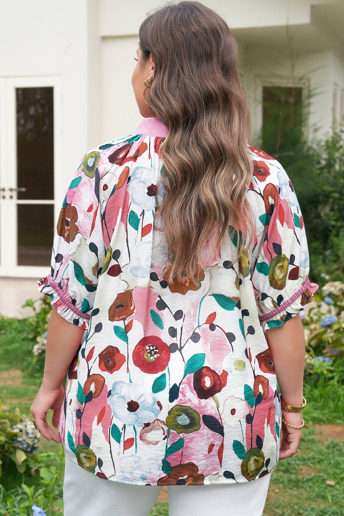 LALA LOO Plus Size Floral V-Neck Short Sleeve Blouse