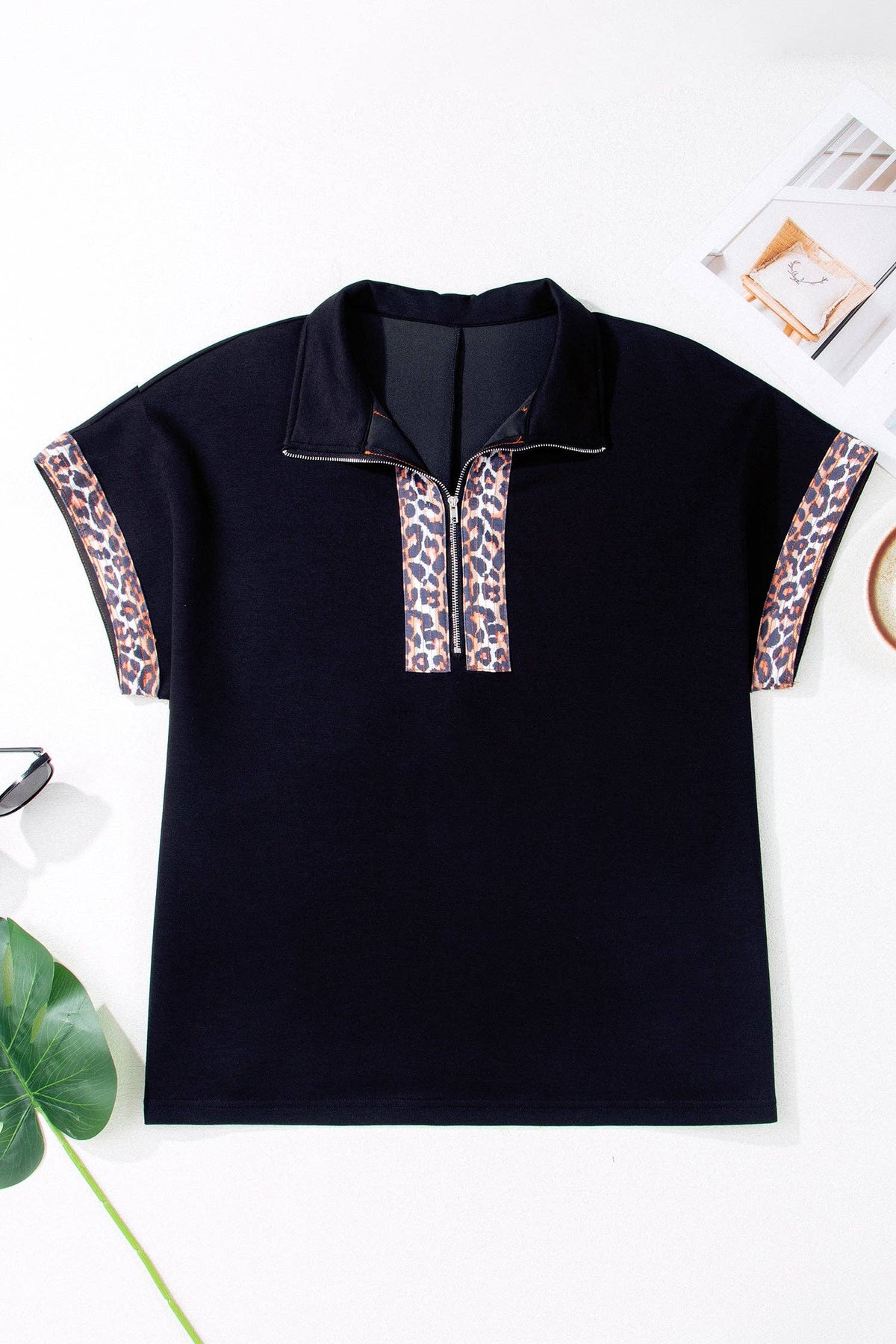 LALA LOO Plus Size Leopard Patchwork Half Zip Short Sleeve Top