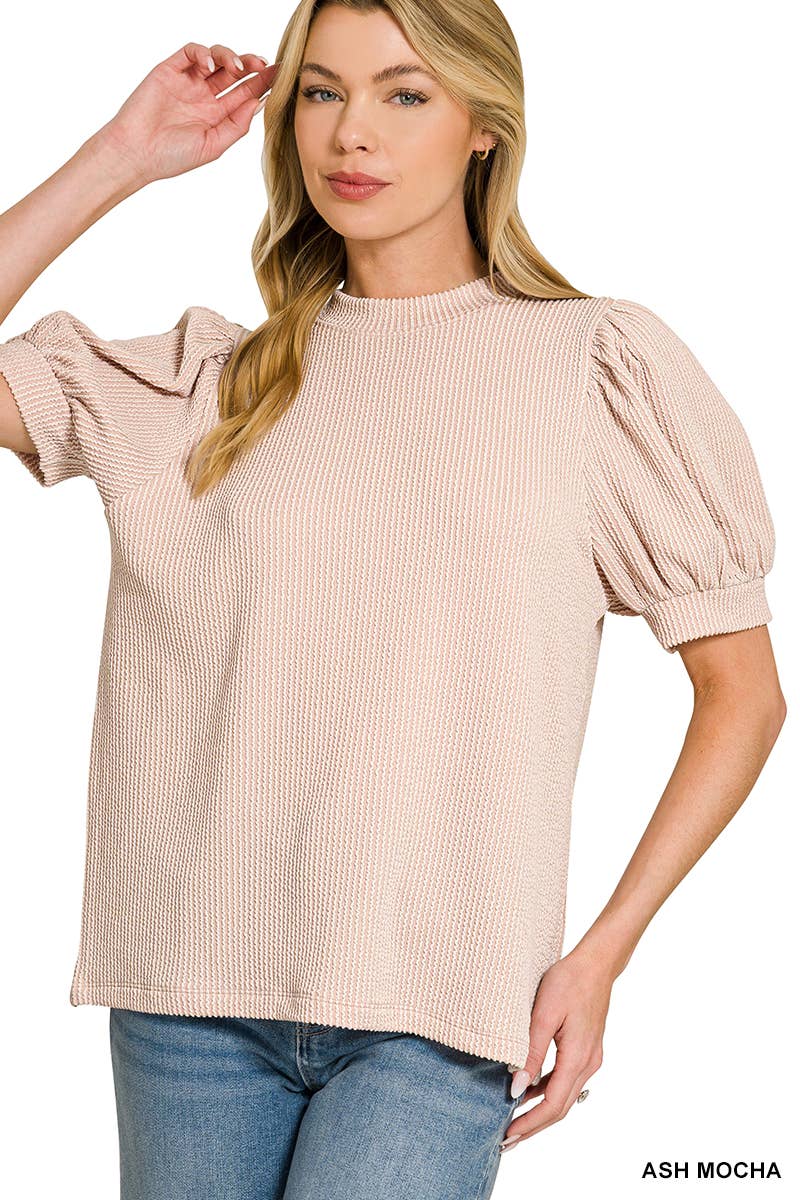 Raised Rib Puff Sleeve Top - Zenana