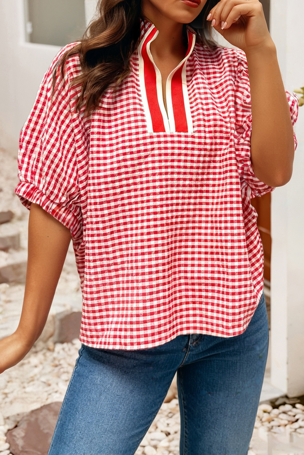 Plaid Short Sleeve Colorblock Trim Split Neck Blouse