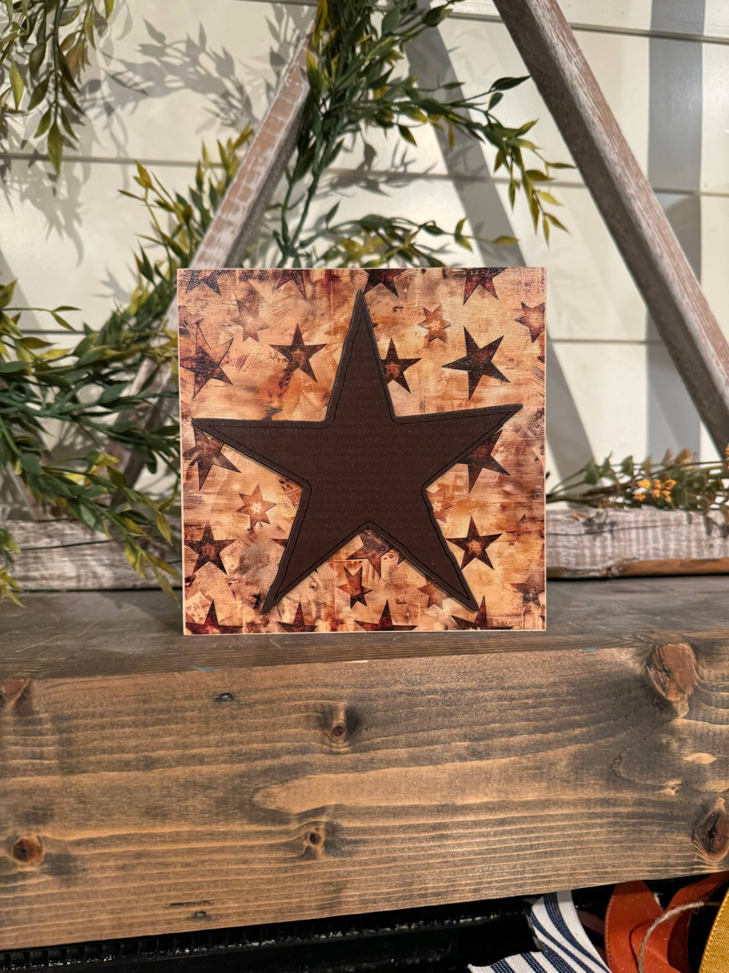 Decorative Wooden Block 5.5" x 5.5" Western Star Design
