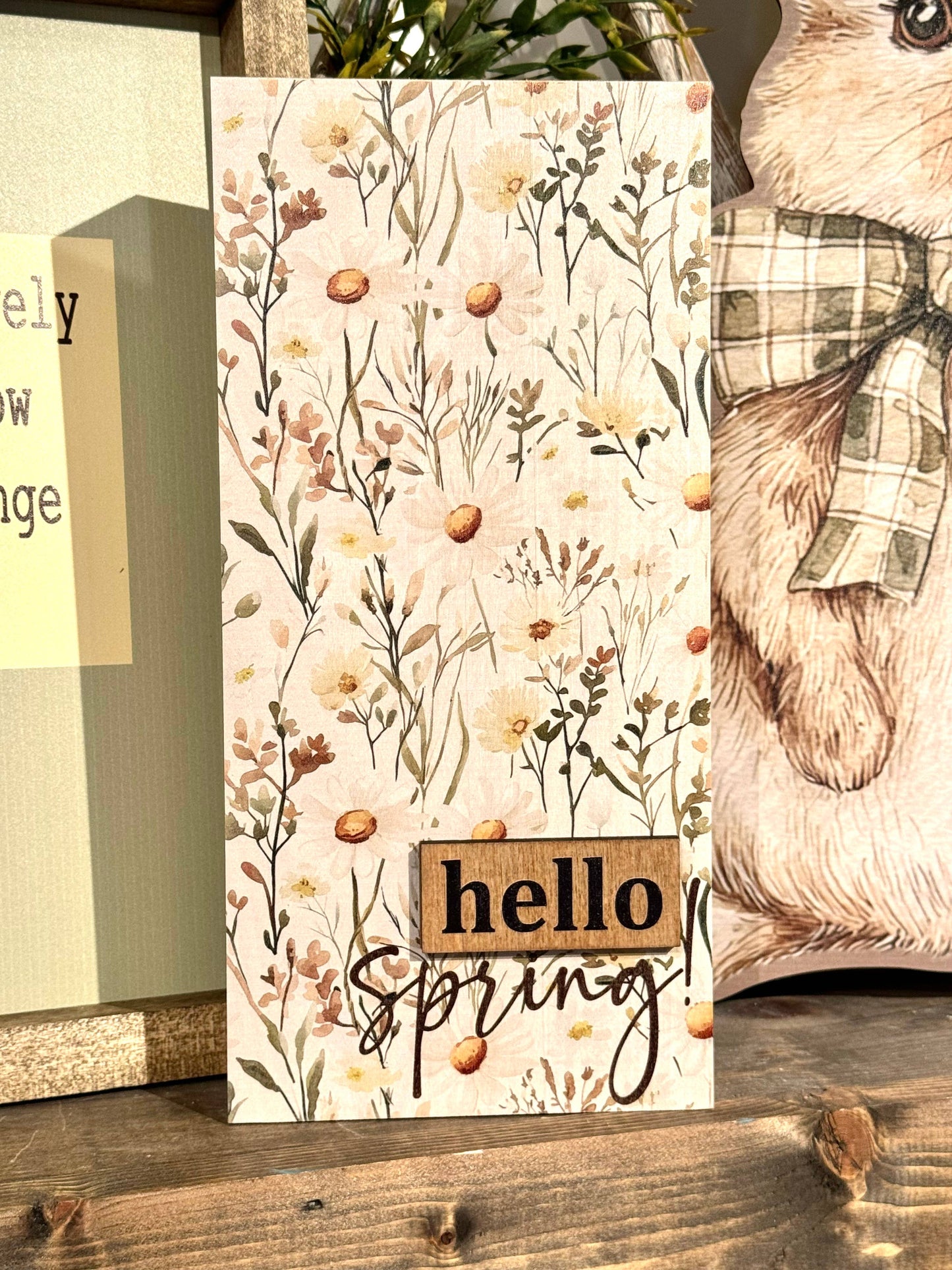 Decorative Wooden Block 11.5" x 5.5" Hello Spring Daisies