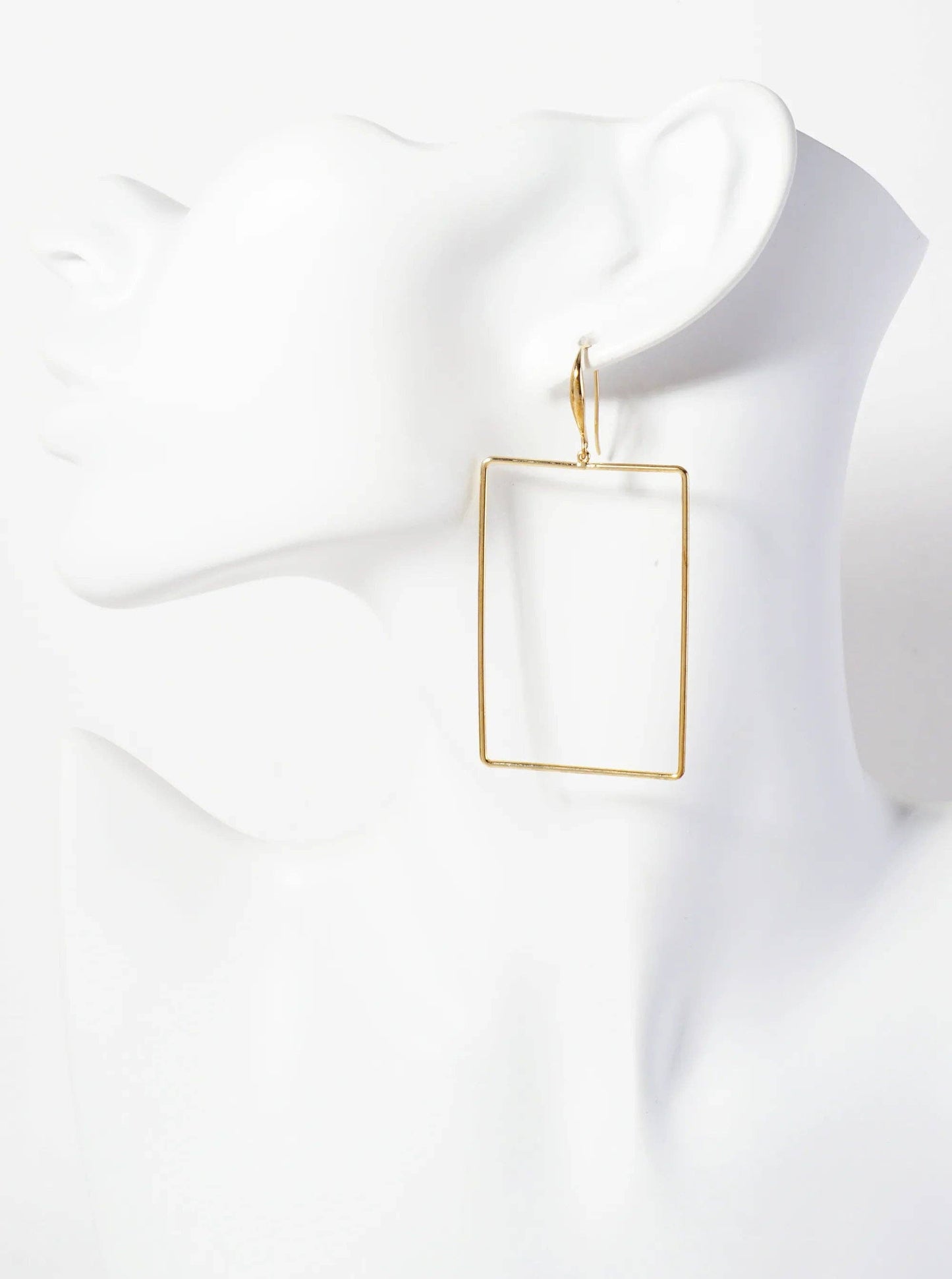 Polished Brass 2-inch Delicate Rectangle Drop 18K-Gold-Dipped Fish-Hook Earrings