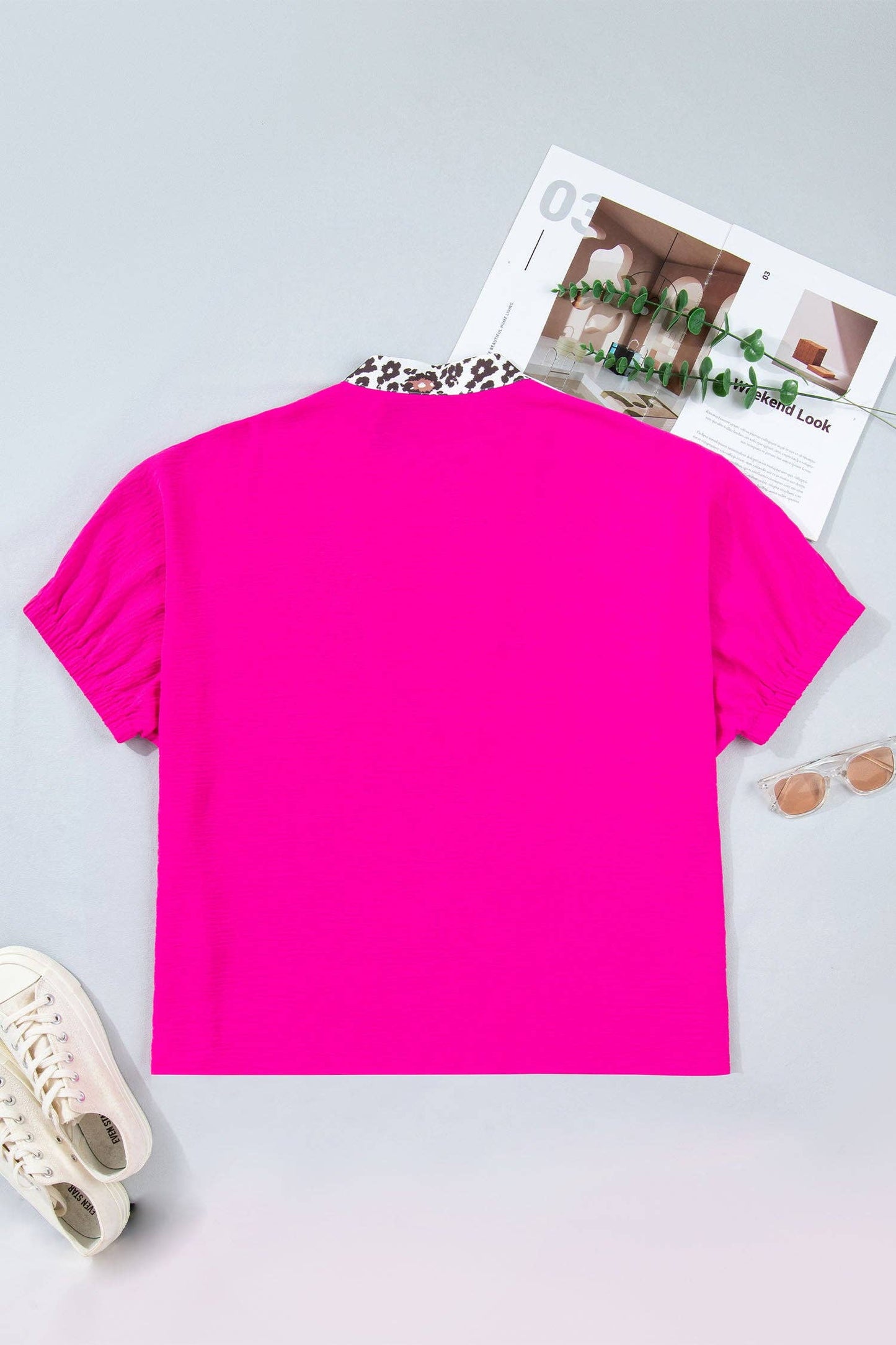 LALA LOO Plus Size Leopard Patchwork V-Neck Short Sleeve Top