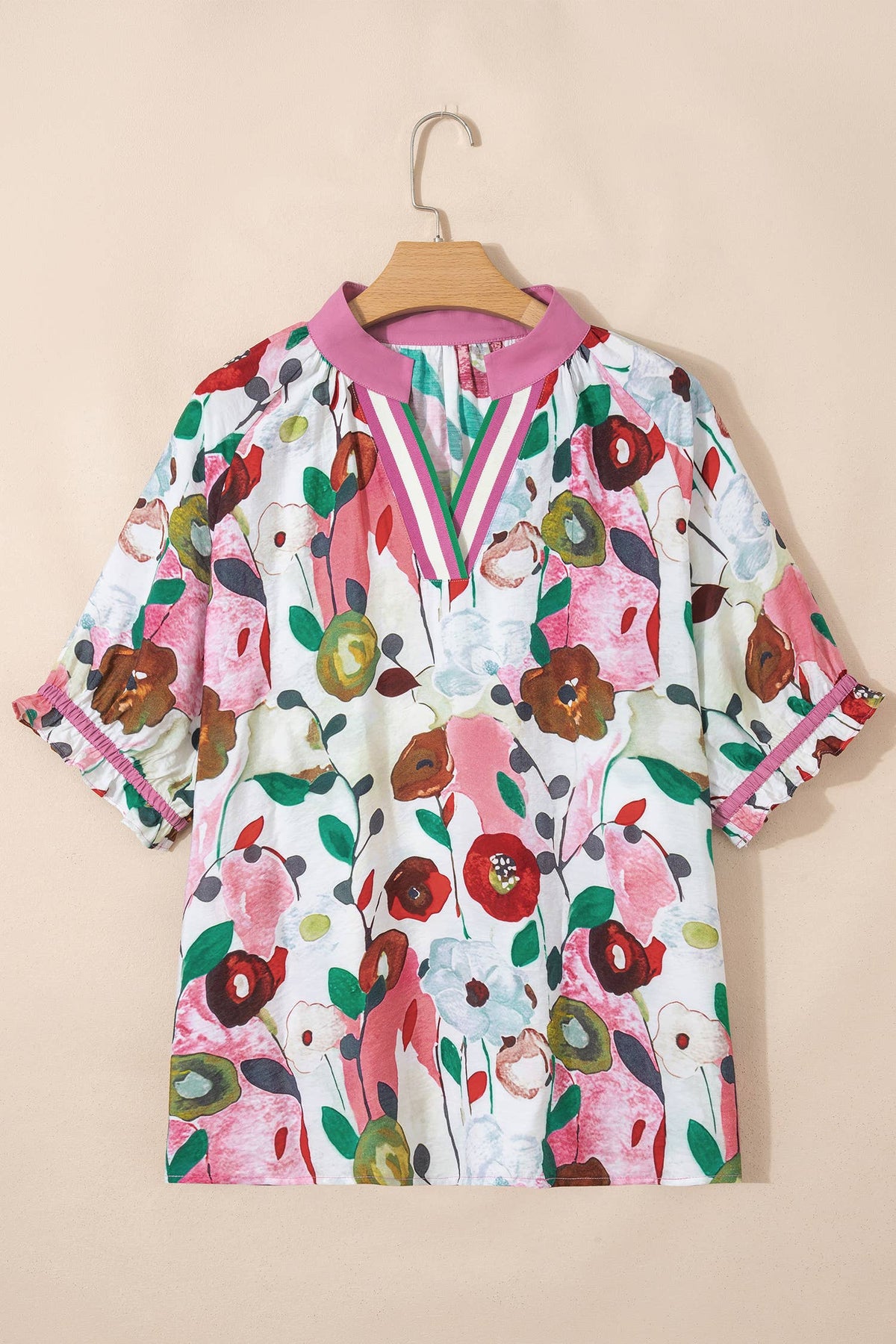 LALA LOO Plus Size Floral V-Neck Short Sleeve Blouse