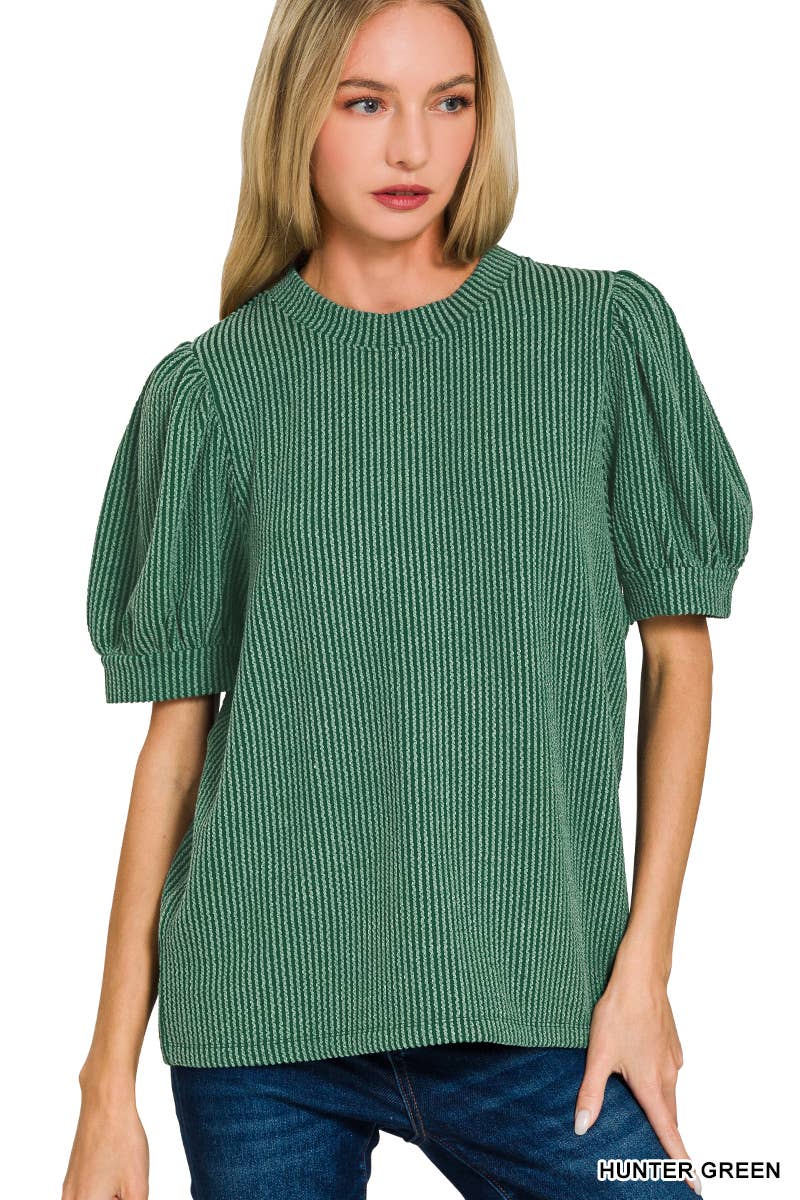 Raised Rib Puff Sleeve Top - Zenana