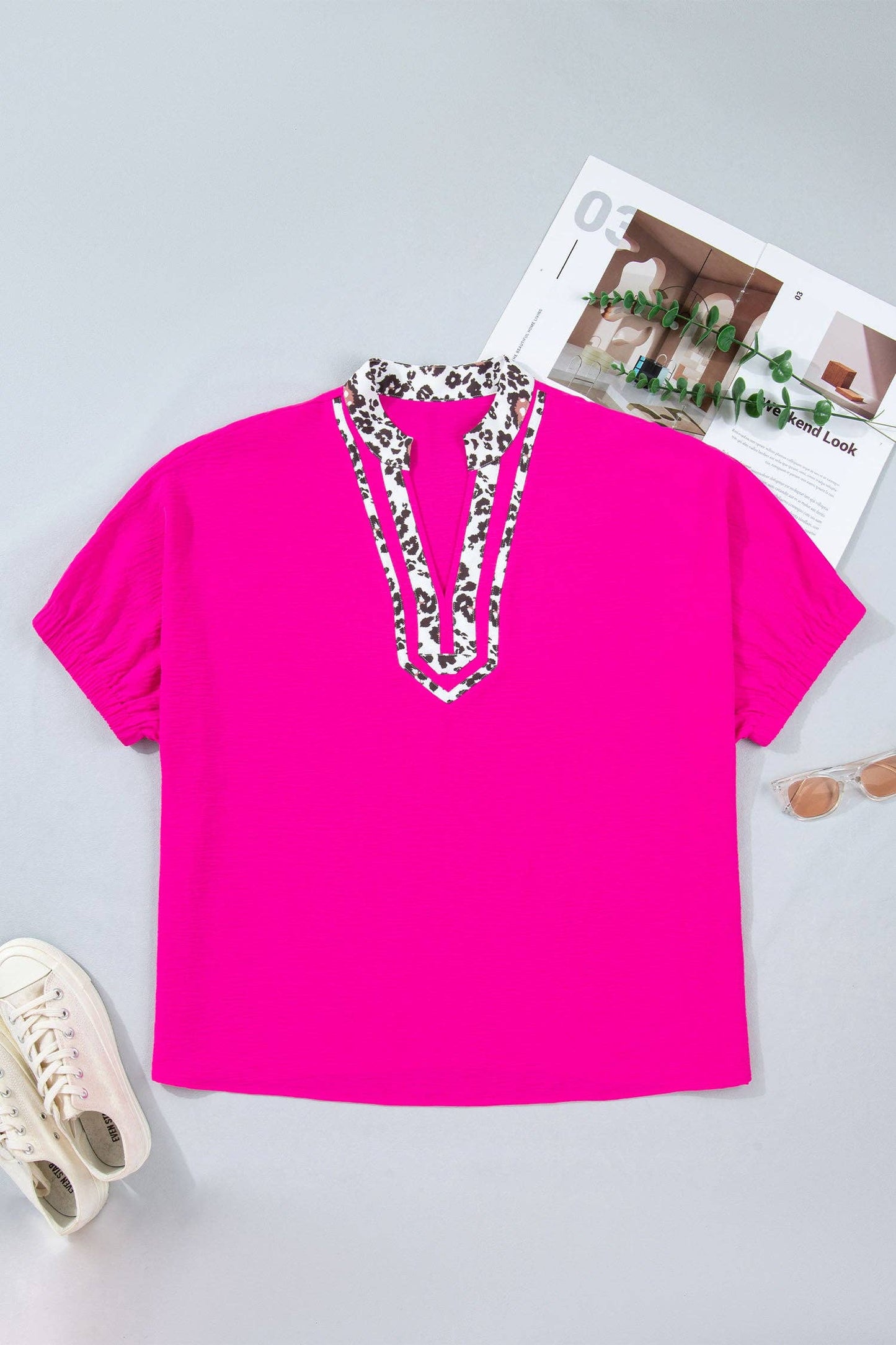 LALA LOO Plus Size Leopard Patchwork V-Neck Short Sleeve Top