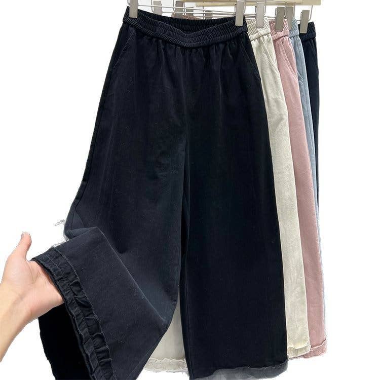 Cotton High-Waist Wide-Leg Pants With Elastic Waistband