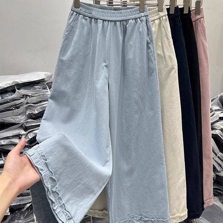 Cotton High-Waist Wide-Leg Pants With Elastic Waistband
