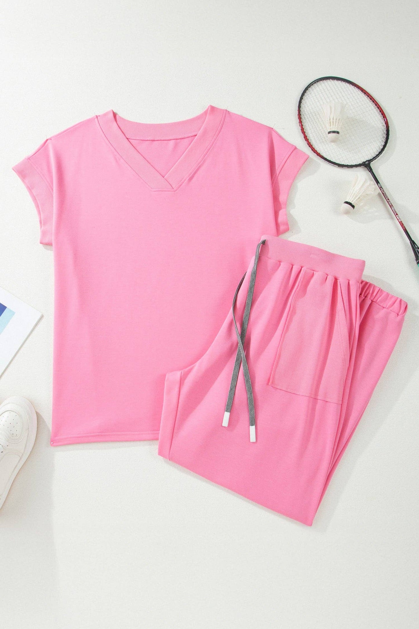 LALA LOO Plus Size Solid V-Neck Tee and Drawstring Pants Set