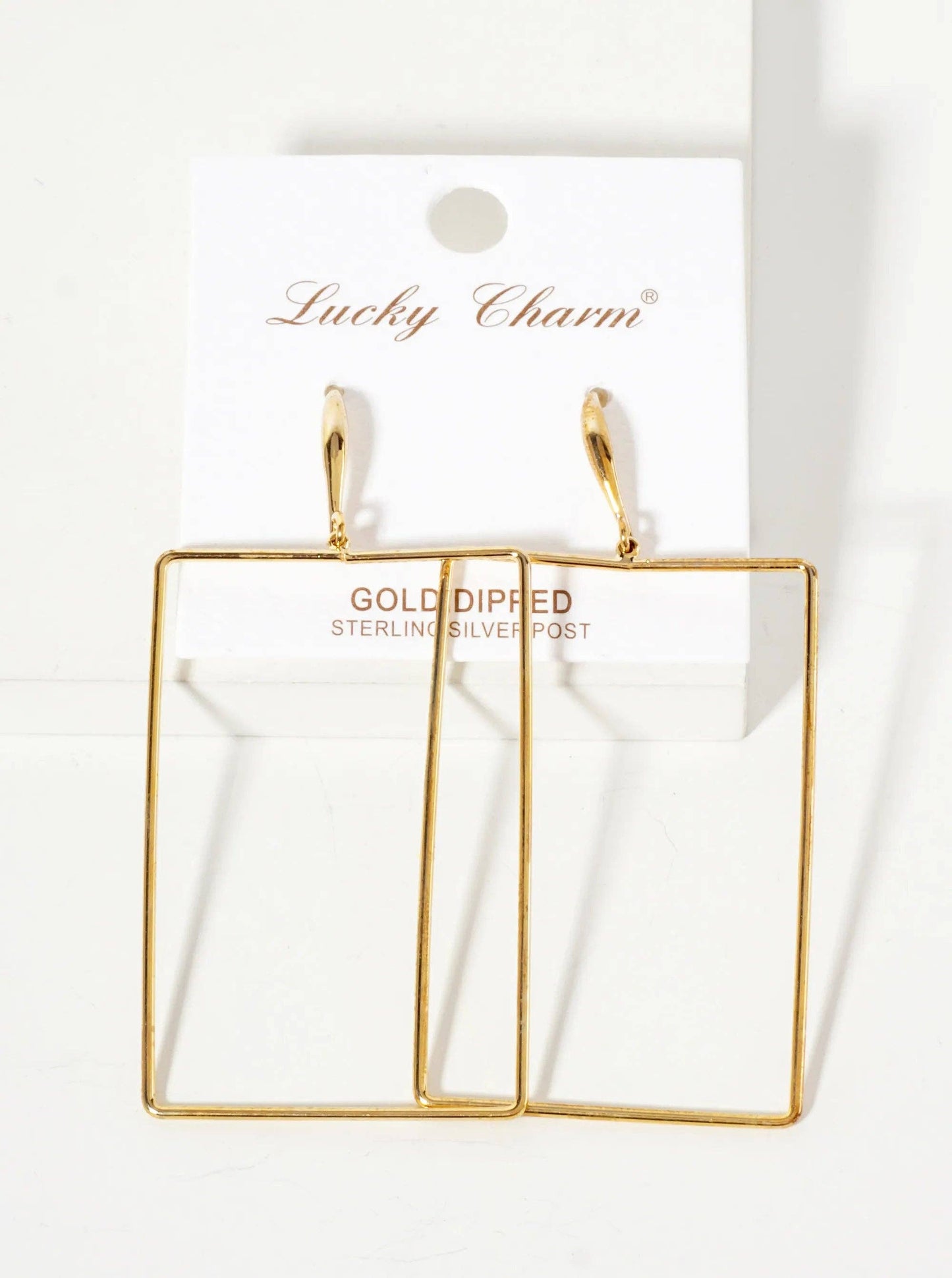 Polished Brass 2-inch Delicate Rectangle Drop 18K-Gold-Dipped Fish-Hook Earrings