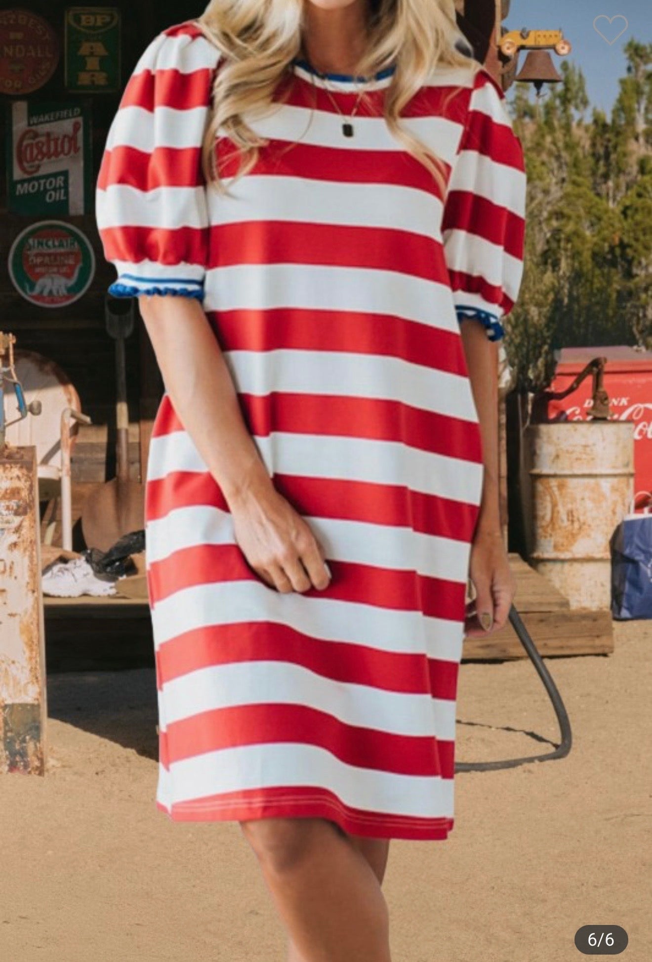 Red & White Striped Round Neck Short Puff Sleeve Shift Dress