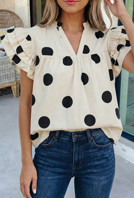 Polka Dot Print Ruffle Sleeve Blouse