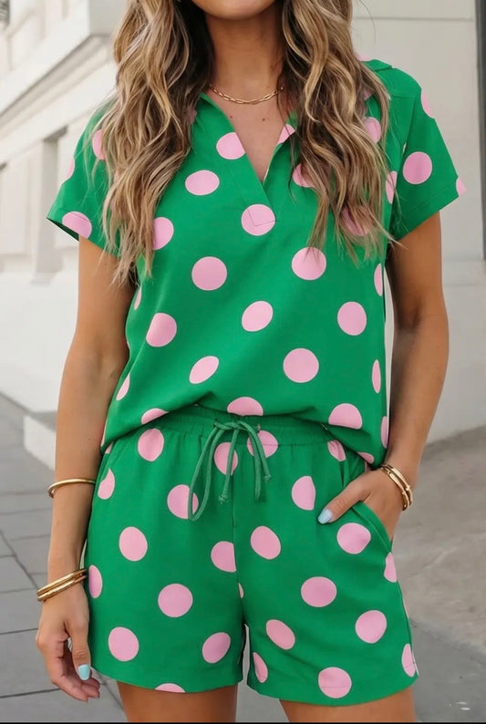 Polka Dot V Neck 2pc Short Set