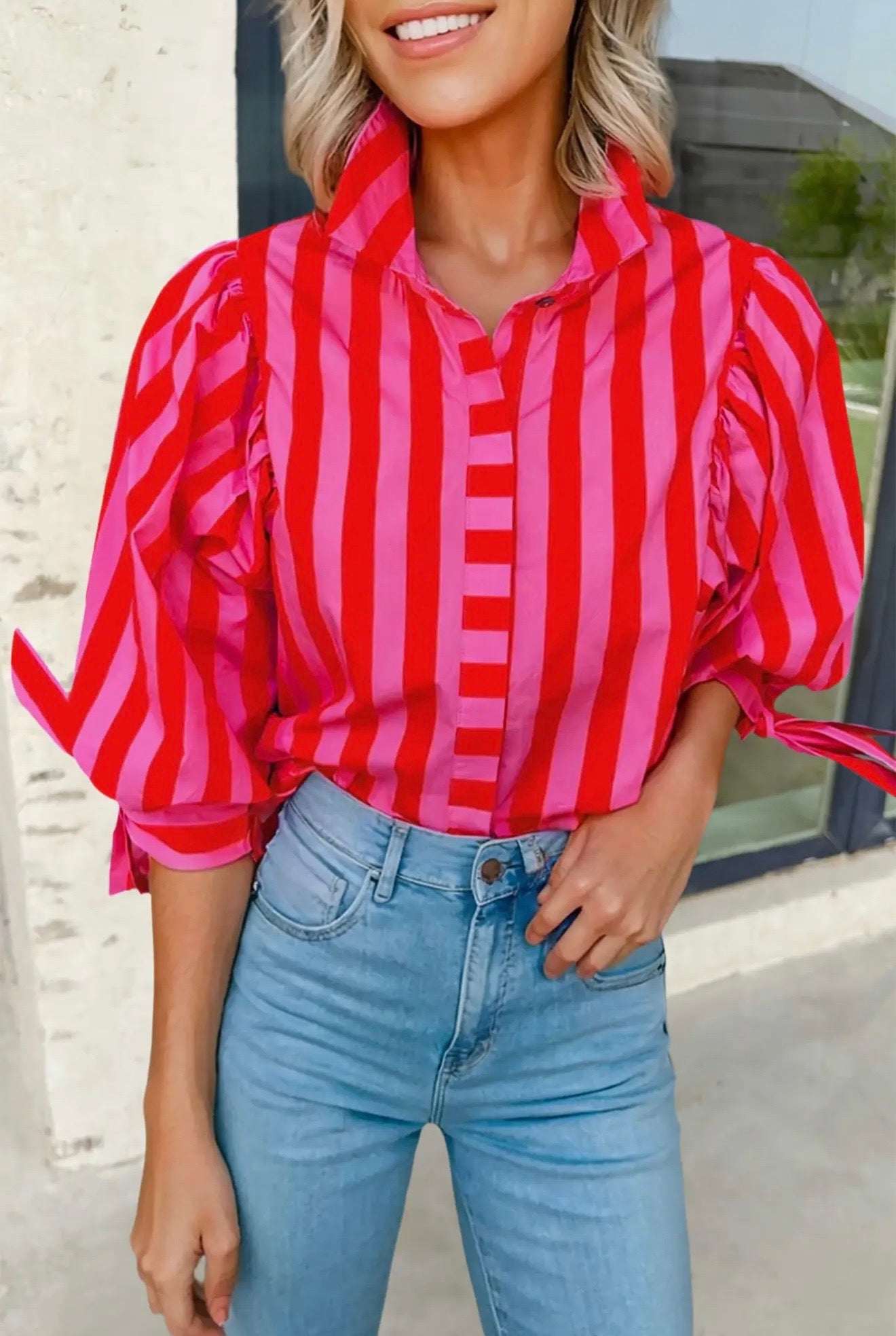 Multi Pink Striped Tie Sleeve Button Down Blouse