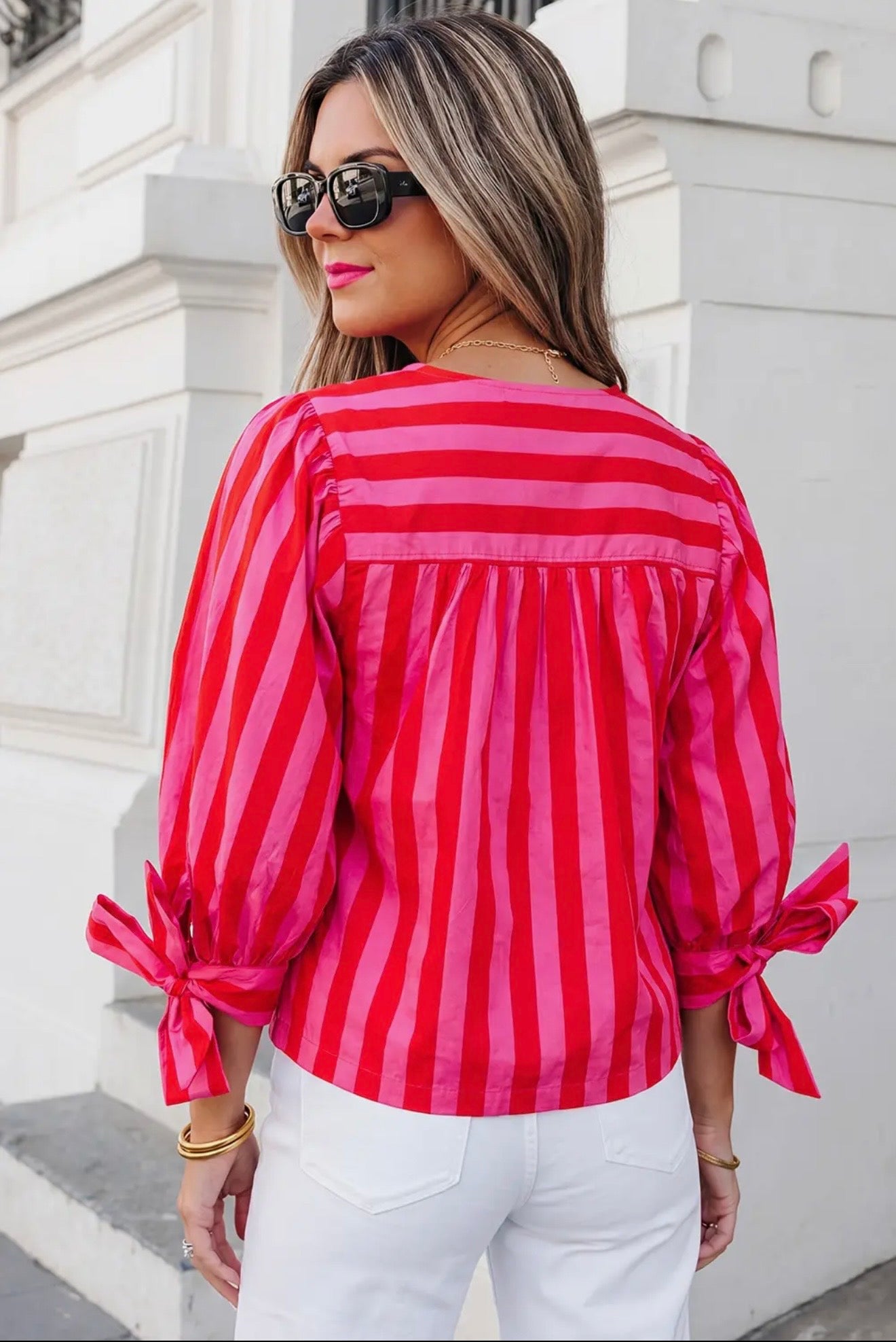 Multi Pink Striped Tie Sleeve Button Down Blouse