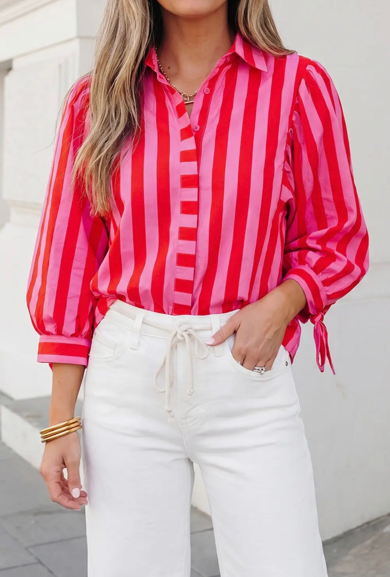Multi Pink Striped Tie Sleeve Button Down Blouse