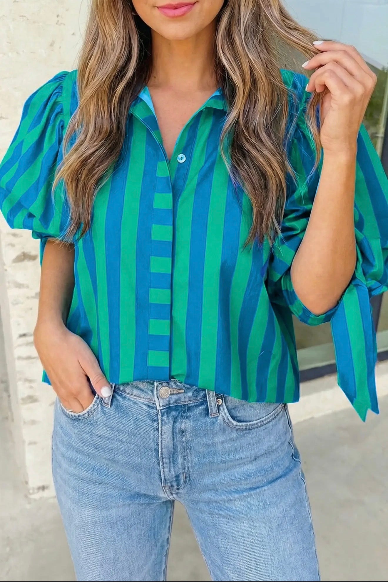 Blue and Green Stripped Blouse with Tie Sleeve