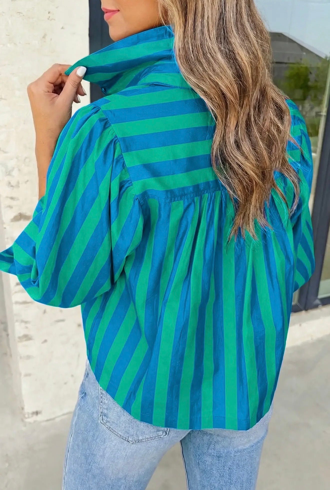 Blue and Green Stripped Blouse with Tie Sleeve