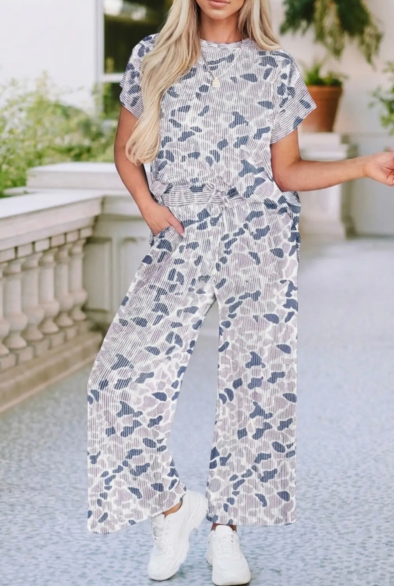 Grey Camo Casual Ribbed 2-Piece Set