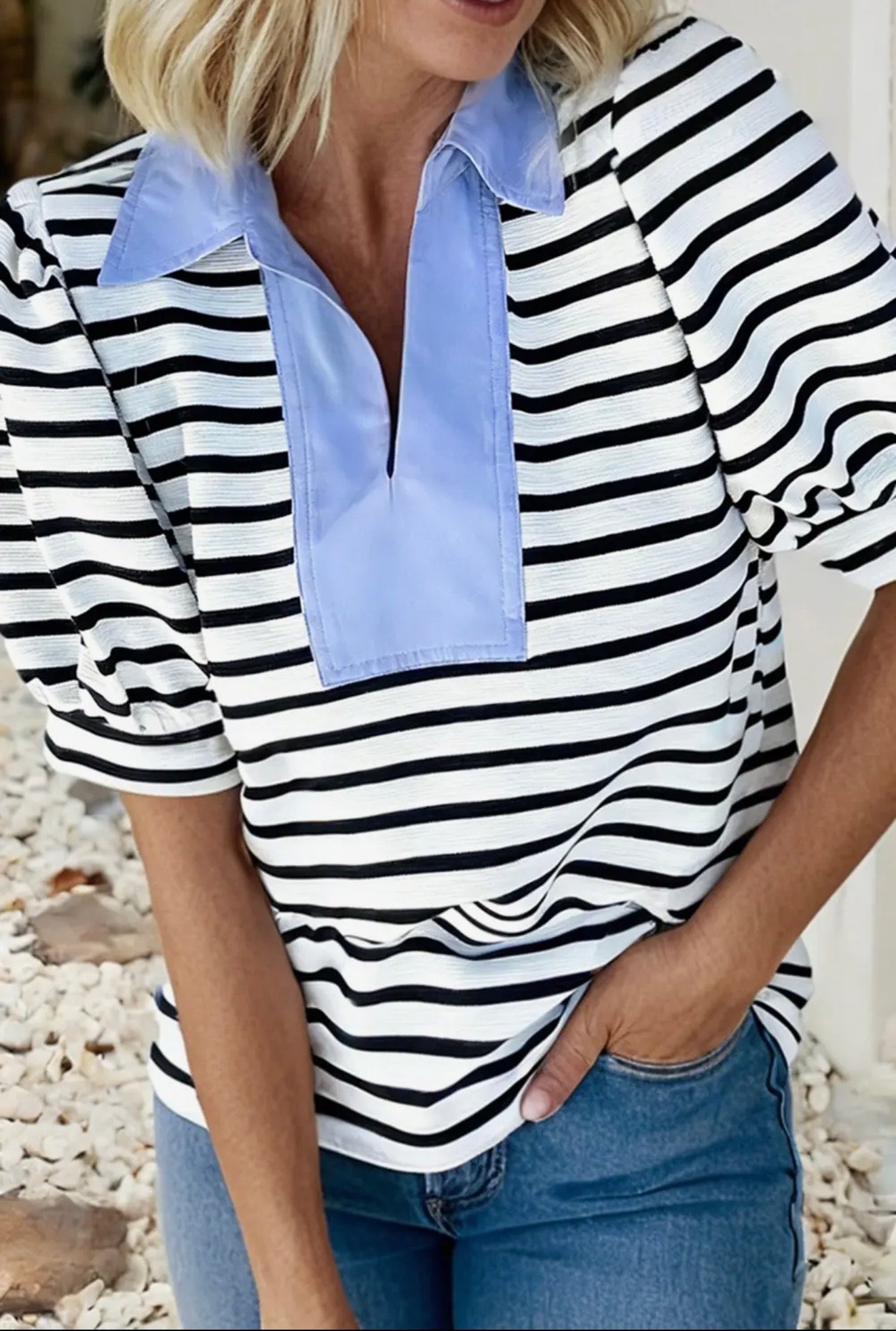 Black & White Striped V-Neck Top with Light Blue Collar