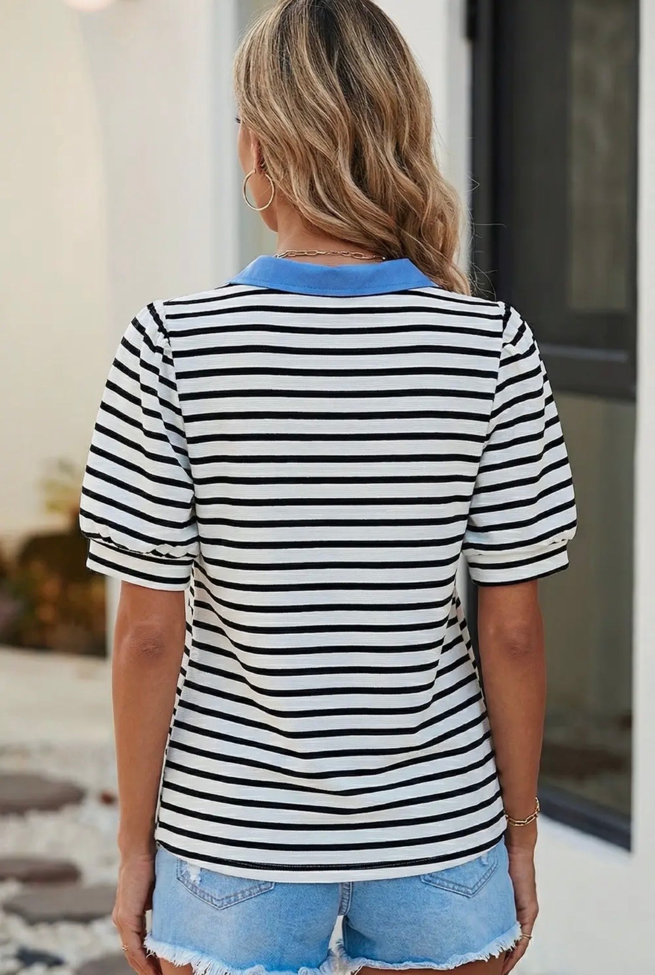 Black & White Striped V-Neck Top with Light Blue Collar
