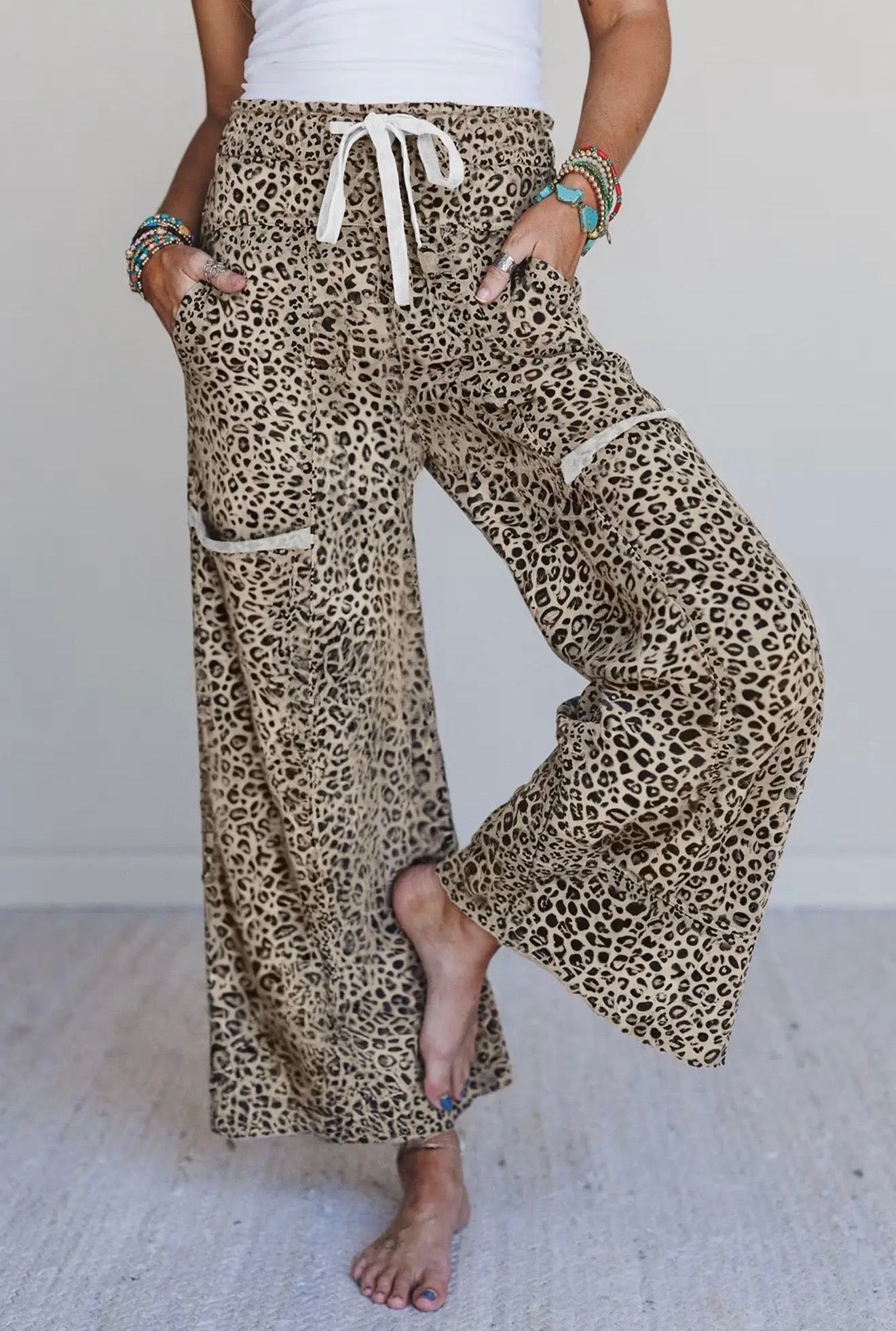 Khaki Leopard Print Wide Leg Terry Knit Pants