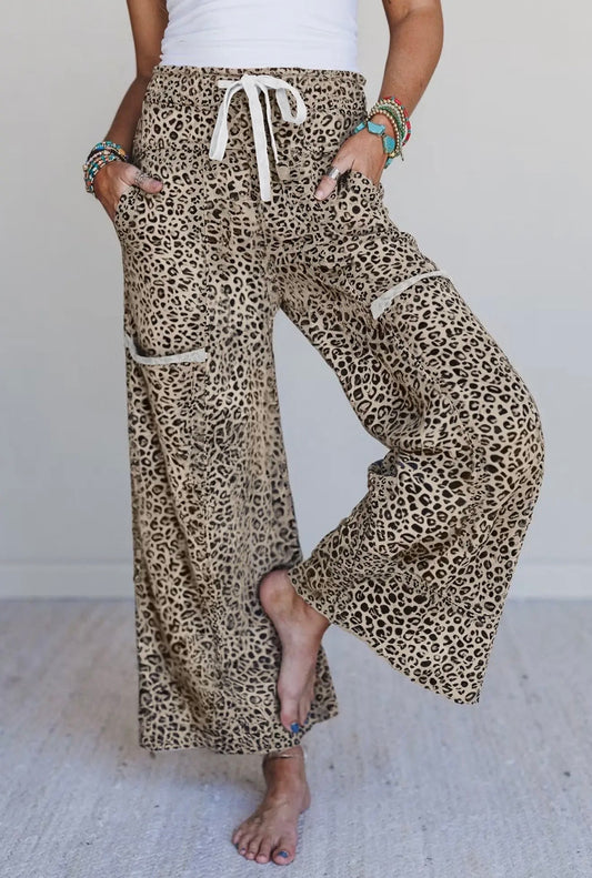 Khaki Leopard Print Wide Leg Terry Knit Pants