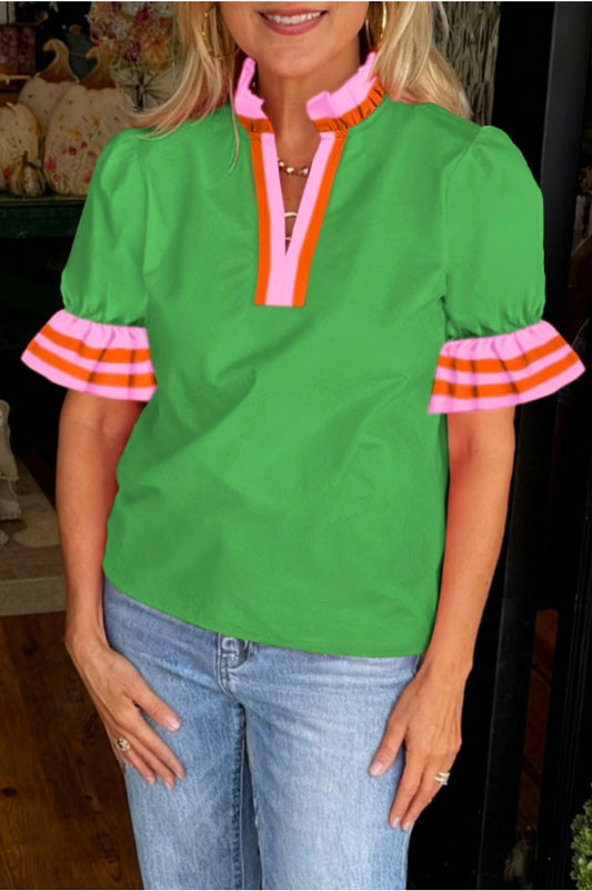 Bright Green V-Neck Top with Pink & Orange Striped Ruffled Sleeves