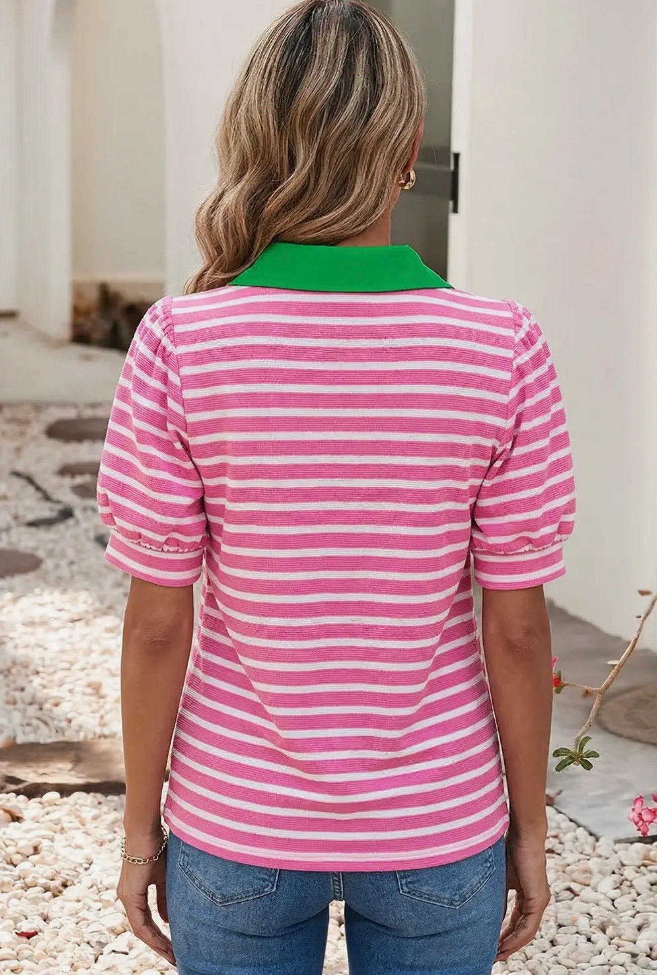 Pink and White Striped V-Neck Top with Green Collar