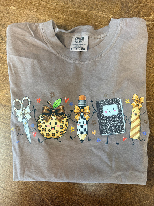 Cute Teacher School Supplies Graphic Tee | Leopard Apple Bow