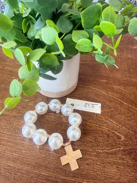 Pearl Bubble Bead Bracelet w/Cross