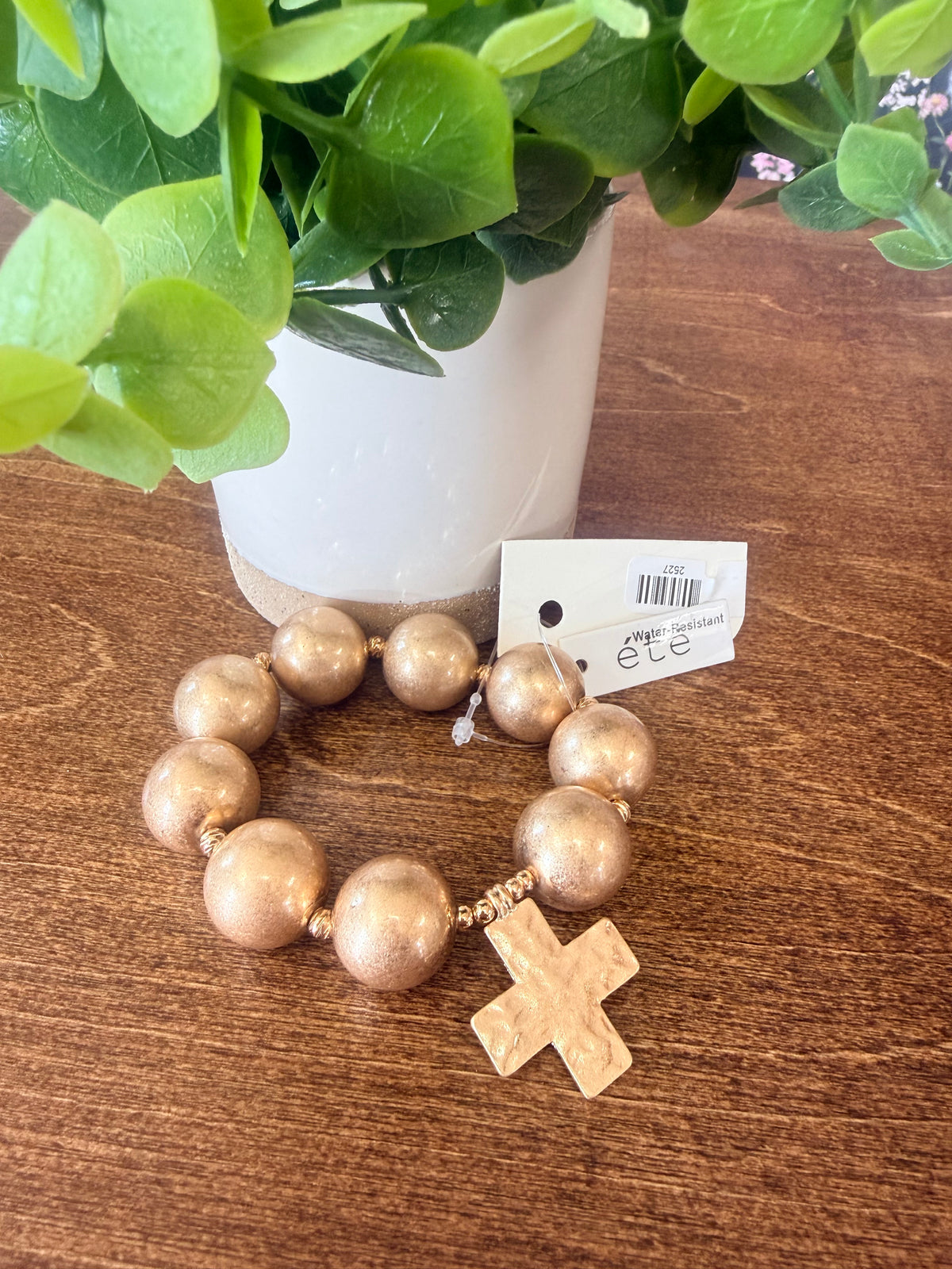 Gold Bubble Bead Bracelet w/Cross